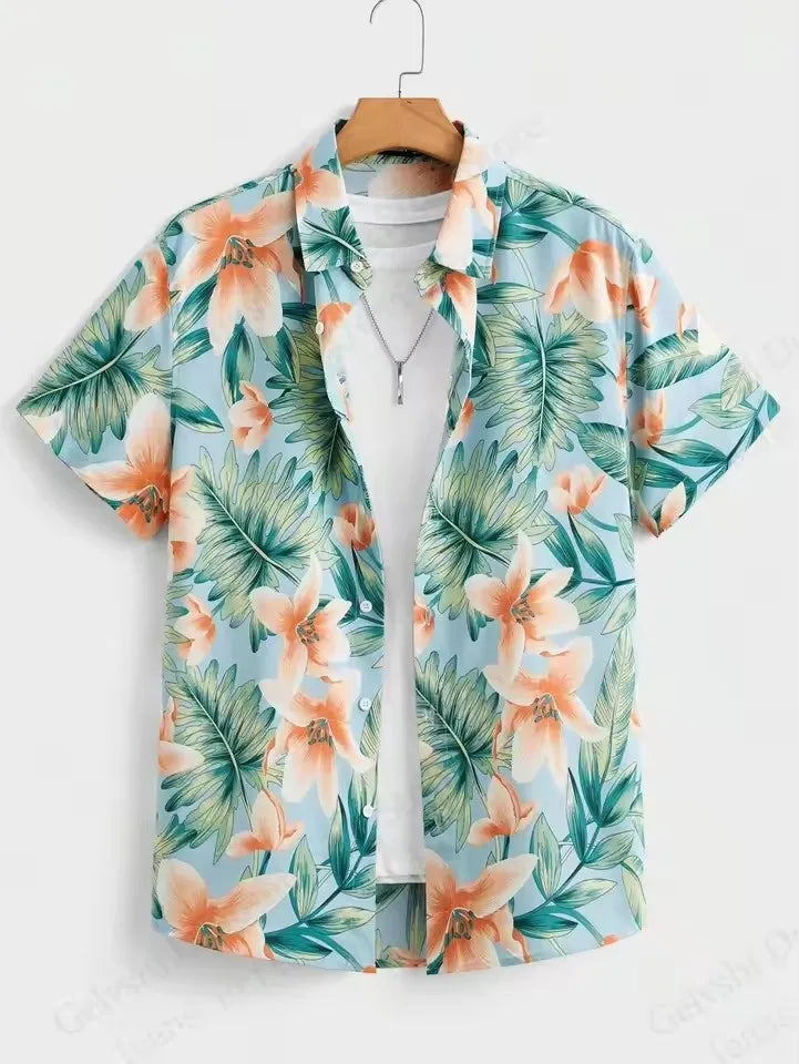 Hawaiian Botanical Flower Print Men's and Women's Short Sleeve Lapel Seaside Button-Down Shirt Top Casual Fashionable Shirts