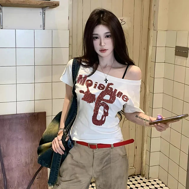 Retro American oulder Printed ort Sve T-irt Women's Summer Design Spicy Girl Slim Fit ort Length oulder Bared Top