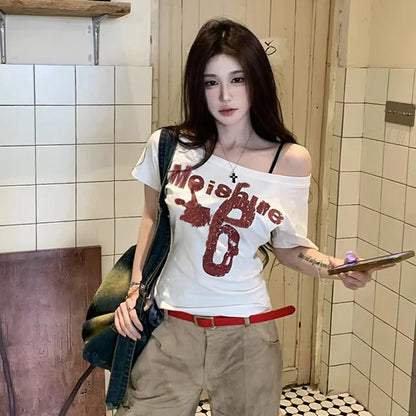 Retro American oulder Printed ort Sve T-irt Women's Summer Design Spicy Girl Slim Fit ort Length oulder Bared Top
