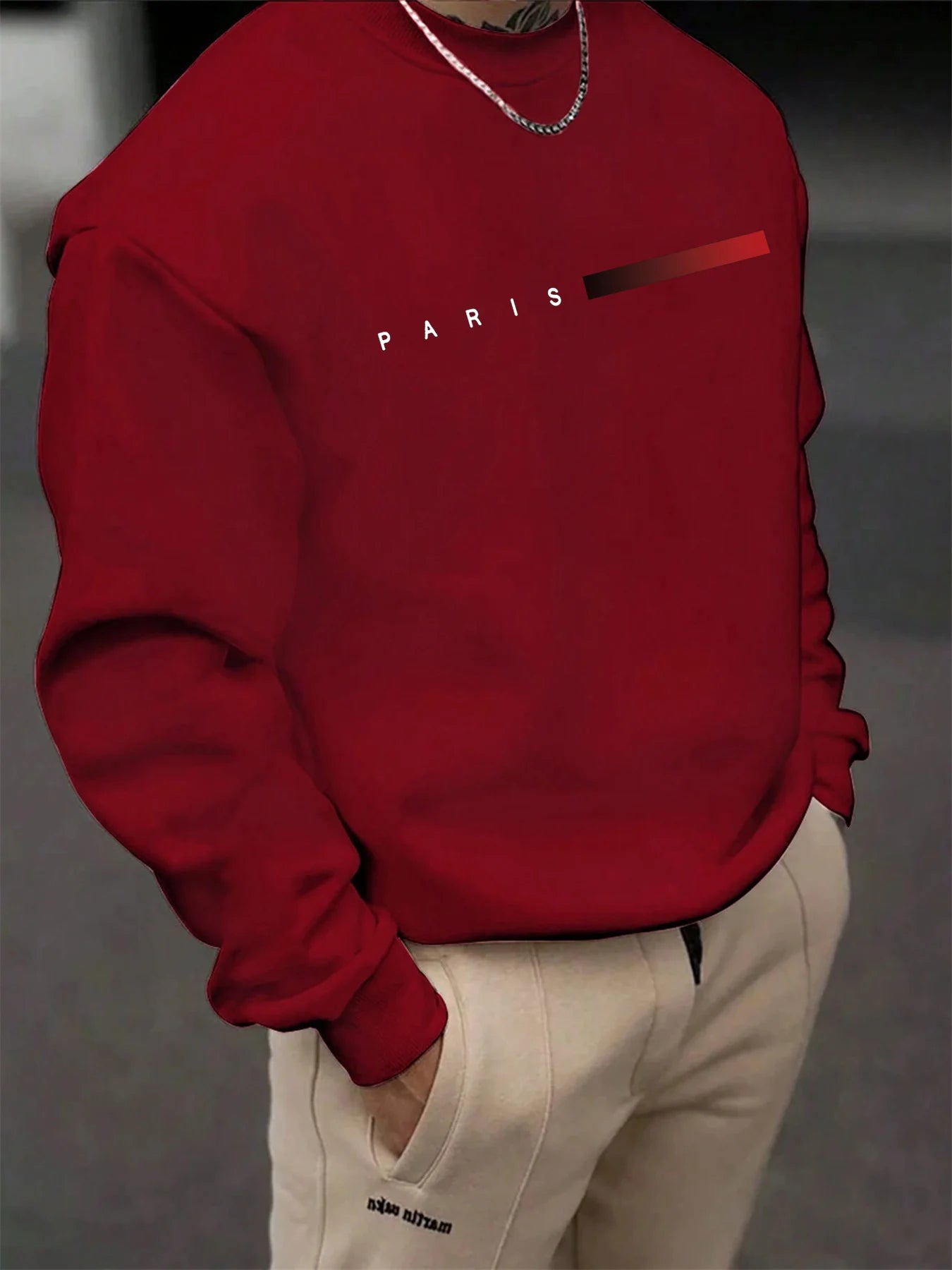 Men's autumn and winter fashionable casual loose Paris graphic print fleece pullover long sleeved round neck sweatshirt