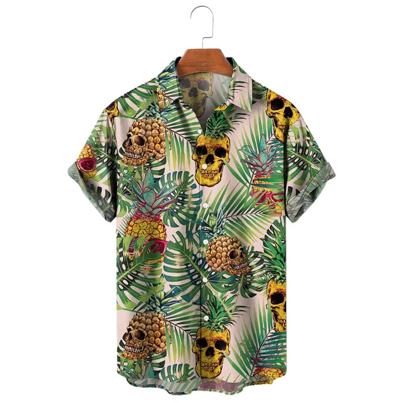 Punk Straw Hat Skull Graphic Shirts For Men Clothing Casual Hawaiian Vacation Short Sleeve Fashion Mens Beach Shirts Y2k Tops