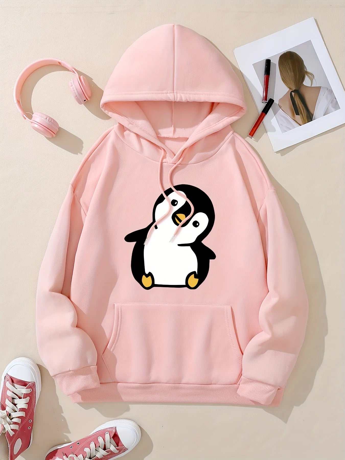 2025 Autumn and Winter Cute Penguin Print Hoodie Women's Casual Long Sleeve Pullover Autumn and Winter Personality Retro Y2K Top