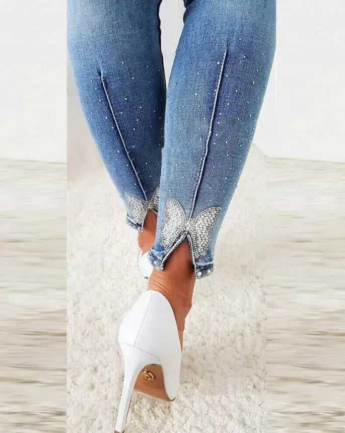 Women's Jeans Fashion Summer 2023 Rhinestone Beads Butterfly Pattern Split Bottom Jeans Tights Casual Versatile Street Clothing