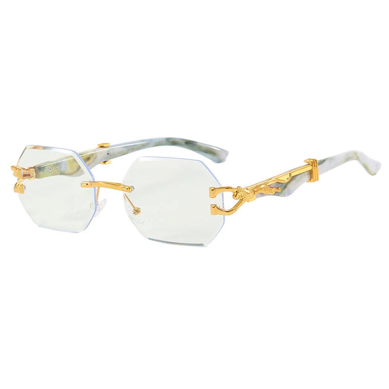 Vintage Rimless Polygonal Metal Frame Sunglasses with Leopard DesignTemples -Unisex Outdoor Party Vacation Travel Driving Photo