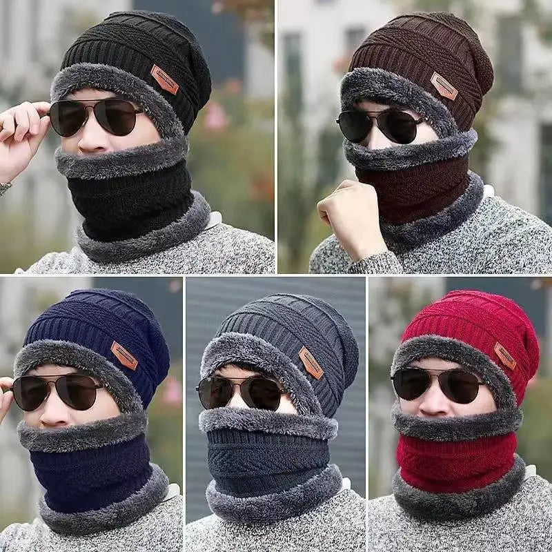 Fashion Men Knitted Hat Scarf Caps Neck Warmer Winter Hats for Men Skullies Beanies Warm Fleece Cap