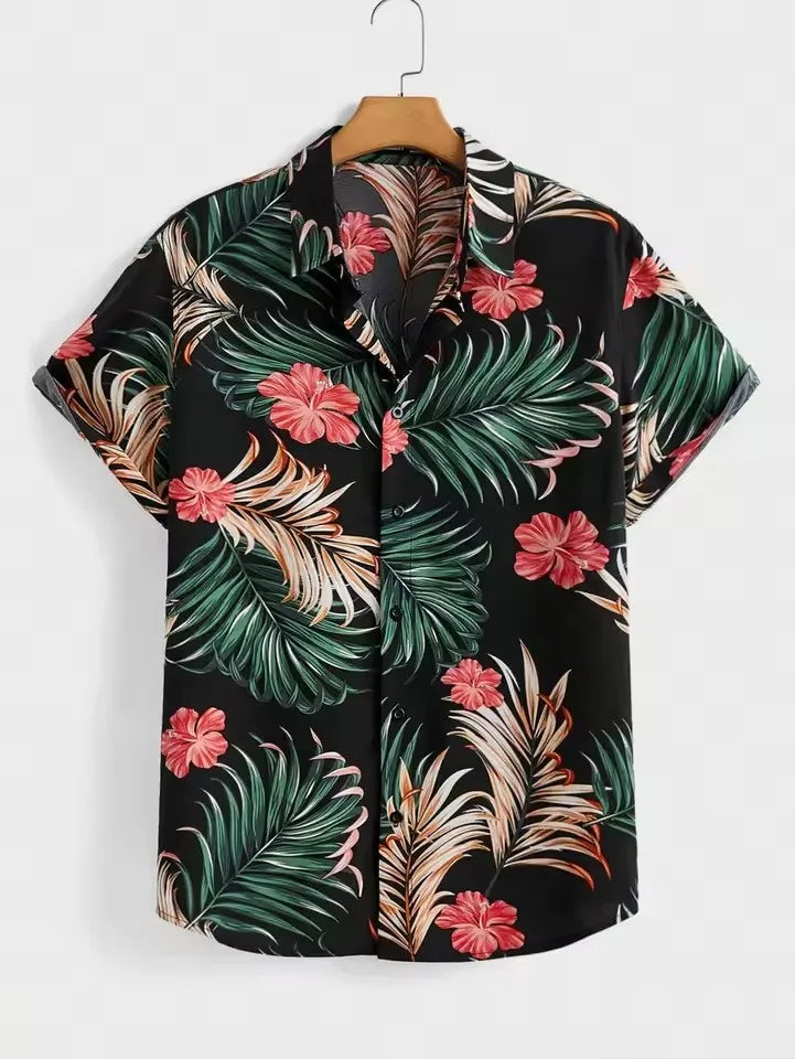 Hawaiian Botanical Flower Print Men's and Women's Short Sleeve Lapel Seaside Button-Down Shirt Top Casual Fashionable Shirts