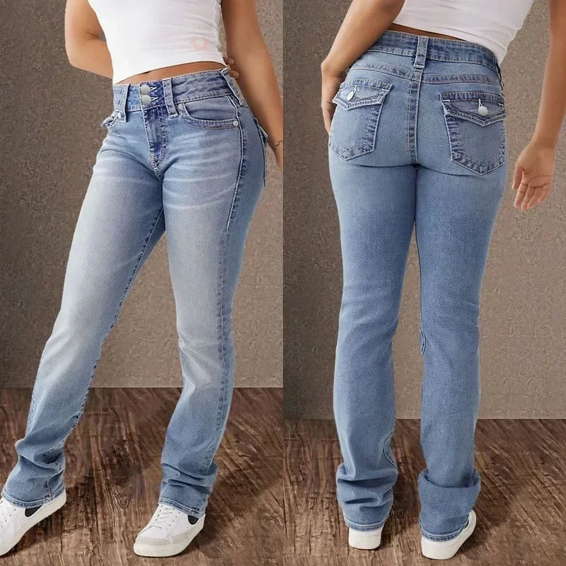 Jeans Pencil Pants Women Vintage Denims Mid Waist Strecth Pockets Buttons Washed Distressed 2025 Streetwear Straight Trousers