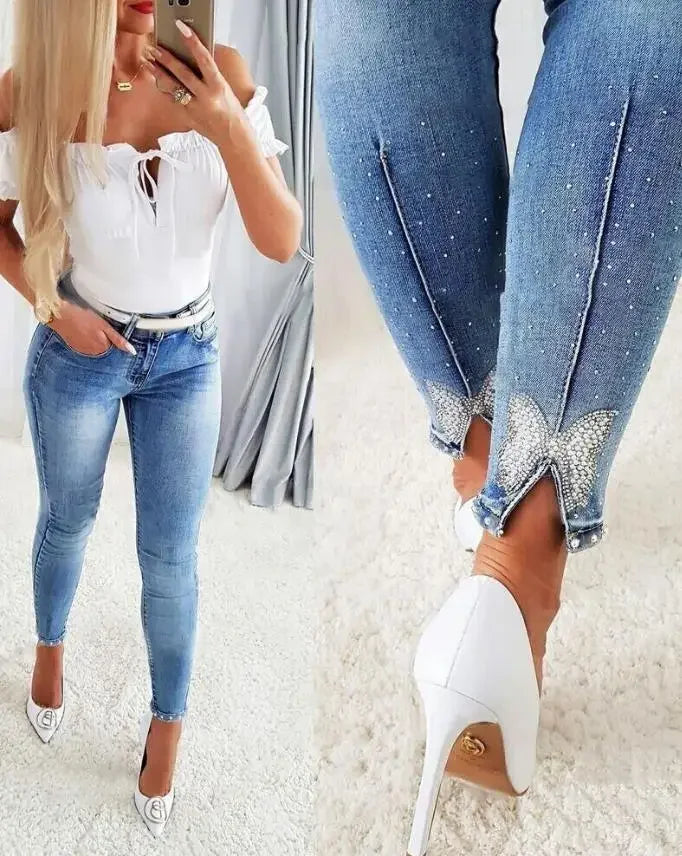 Women's Jeans Fashion Summer 2023 Rhinestone Beads Butterfly Pattern Split Bottom Jeans Tights Casual Versatile Street Clothing
